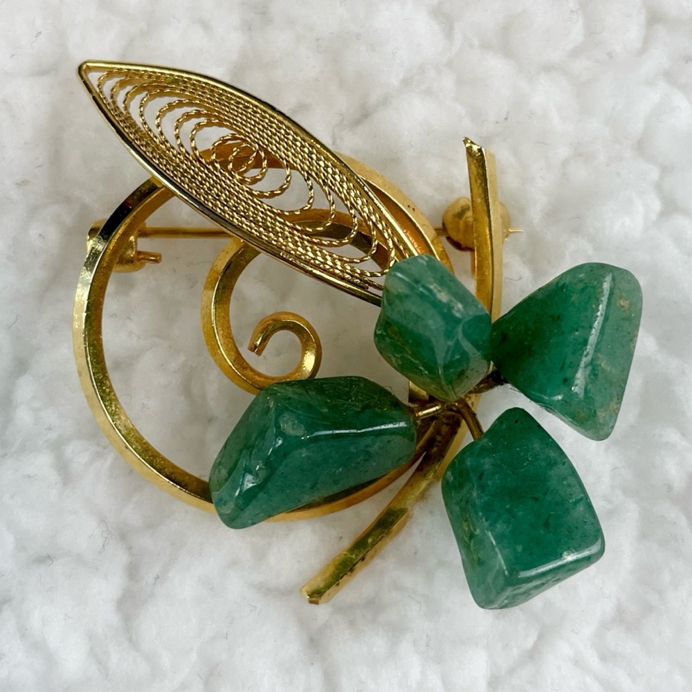 (VTG) Gold/Jade Clover and Leaf Brooch - Picture 10 of 10